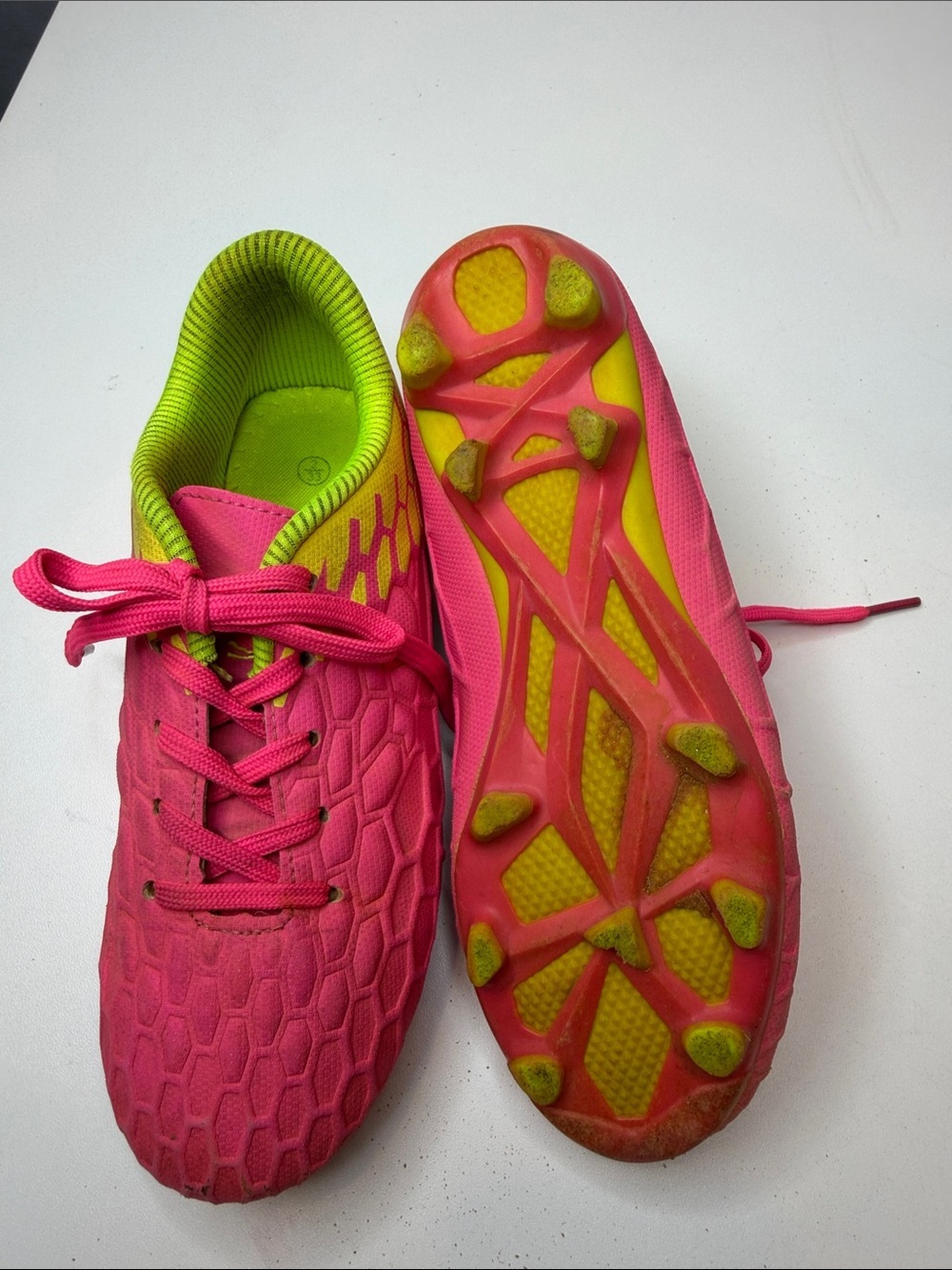 Bright Pink Athletic Cleats Shoes with Neon Yellow Back & Interior Kids size 2 - Picture 9 of 12